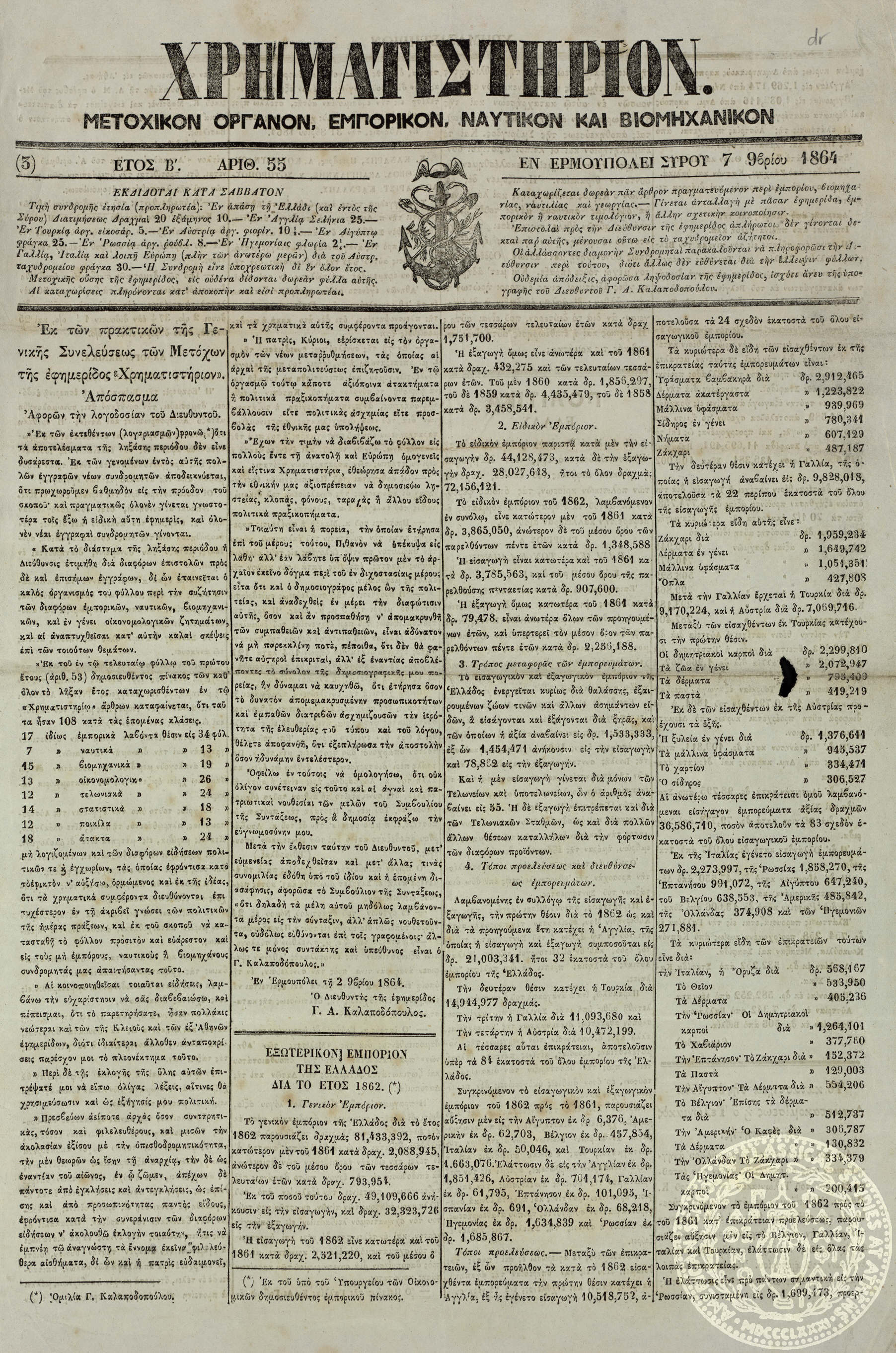 Χρηματιστήριον. Μετοχικόν όργανον, εμπορικόν, ναυτικόν και βιομηχανικόν.